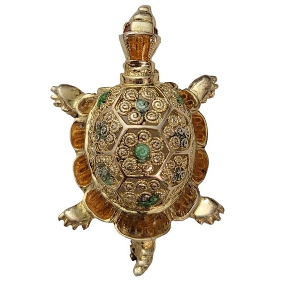 Sterling Silver Gold Vermeil Green Yellow Enamel Turtle Brooch Pin E169 - Picture 1 of 10